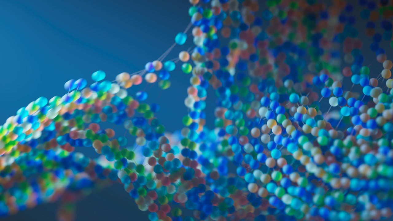 Colorful abstract representation of a molecular structure with interconnected spheres.